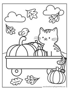 a coloring page with a cat in the wagon