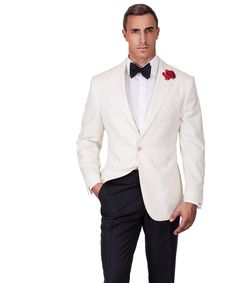 Ivory Dinner Jacket & Dress Pants White Wool Suit For Work, Formal White Wool Blazer, White Wool Blazer With Lapel Collar, Classic White Wool Suit, Classic White Wool Blazer, Formal Wool Outerwear With Custom Fit, Cream Wool Blazer For Business, Custom Fit Wool Outerwear For Formal Occasions, Timeless Wool Wedding Blazer