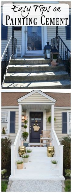 steps leading up to a front door with text overlay that reads easy steps on painting cement