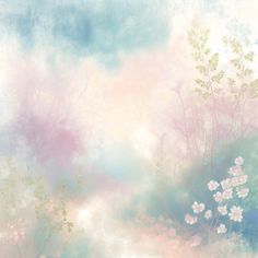 an abstract painting with flowers and trees in the background, pastel colors are used to create this wallpaper