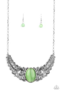 Featuring vine and floral details, leafy silver frames branch out from an oversized green cat's eye stone center, creating a dramatically whimsical centerpiece below the collar. Features an adjustable clasp closure. Sold as one individual necklace. Includes one pair of matching earrings. Whimsical Centerpiece, 3d Jewelry, Cats Eye Stone, Silver Frames, Paparazzi Accessories, Moonstone Necklace, Eye Stone, Green Item, Green Necklace