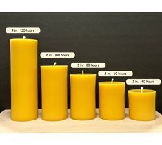 yellow candles are lined up in front of a blackboard with information about each candle