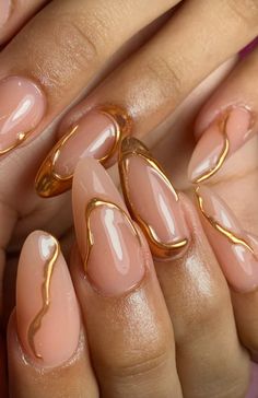 Abstract Gold Chrome Nails, Almond Gold Nails Designs, Molten Gold Nails, Gold Squiggle Nails, Gold Trim Nails, Gold And Nude Nail Designs, Almond Nails Gold Designs, Nude Gold Nail Designs, Gold Almond Nails Designs