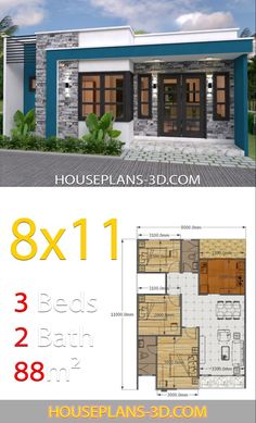 two story house plan with 3 beds and 2 bathrooms in the front, an open floor plan