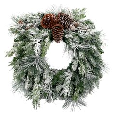 a christmas wreath with pine cones and snow