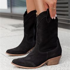 Category:Boots; Upper Materials:Faux Suede; Season:Winter,Fall; Heel Type:Block Heel,Chunky Heel; Gender:Women's; Toe Shape:Pointed Toe; Type:Mid Calf Boots; Style:Industrial Style,Minimalism,Vintage; Heel Height(inch):1-2; Outsole Materials:Rubber; Occasion:Outdoor,Daily; Closure Type:Zipper; Pattern:Floral; Listing Date:10/09/2023; Production mode:External procurement; 2023 Trends:Plus Size,Cowboy Boots; Size chart date source:Provided by Supplier. Trendy Winter Boots With Zipper Closure, Western High Ankle Martin Boots For Winter, Wide Calf Moto Ankle Boots For Winter, Wide Calf High Ankle Mid-calf Boots For Fall, Suede Mid-calf Heeled Boots For Fall, Western Style Platform Boots With Round Toe For Fall, Western Style Round Toe Platform Boots For Fall, Fall Western Style Platform Boots With Round Toe, Western Ankle Heeled Boots For Winter