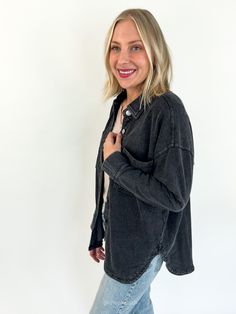 The [Z SUPPLY] All Day Knit Denim Jacket is such a fun update to your traditional denim jacket. We are all about elevated basics in luxe fabrics. This style is so soft and cozy, mirroring the fabric of a comfortable french terry sweater. The special wash looks vintage and cool. Pair it with your favorite bottoms for an effortless look! Long sleeve oversized knit denim jacket French terry fabric Unique vintage denim wash Lightweight feel Sizes: Xsmall, small, medium, large and XLarge Model: is 5' Davenport Iowa, Gym Joggers, Knit Denim, Elevated Basics, Vintage Indigo, Vintage Denim Jacket, Oversize Knit, Black Denim Jacket, French Terry Fabric