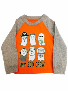 Toddler Boys Orange Costume Pirate Ghost Long Sleeve Shirt Halloween T-shirt This spooky and fun Halloween shirt has ghostly creatures that glow & is sure to be a favorite! Long sleeve shirt Toddler boys sizes Made in El Salvador 100% cotton Payment We accept PayPal as our payment method. Immediate payment is required. If you have any questions about payment, please feel free to contact our customer support team. Return Policy We have a no hassle return policy If you are unhappy with your purcha Playful Cartoon Print T-shirt For Fall, Fun Long Sleeve T-shirt With Screen Print, Playful Pre-shrunk Tops For Halloween, Graphic Tee With Character Print And Long Sleeves, Fall Cotton T-shirt With Character Print, Playful Fall T-shirt With Cartoon Print, Playful Tops With Letter Print For Fall, Playful Letter Print Tops For Fall, Orange Cotton Tops With Cartoon Print