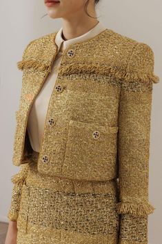 Romanza Straight Round Neck Tweed Jacket - MEAN BLVD Baby Dress Embroidery, Tweed Fashion, Chanel Style Jacket, Types Of Lace, Mean Blvd, Chanel Jacket, Womens Dress Suits, Tweed Suits, Tweed Fabric