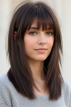 29+ Bangs Hairstyles Ideas 3 Medium Length Straight Hair With Layers And Bangs, Haircut Shoulder Length Straight, Straight Layered Hair With Bangs, Long Bob Hairstyles With Bangs, Bangs Hairstyles Ideas, Subtle Bangs, Medium Length With Bangs, Lob Haircut With Bangs, Stephanie Adams