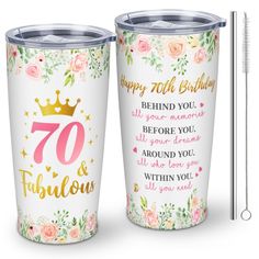 two tumblers with the words happy 70th and fabulous written on them