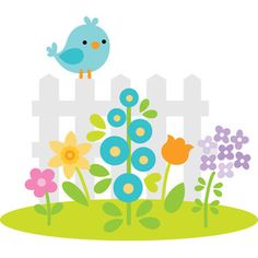 a blue bird sitting on top of a flower garden next to a white picket fence