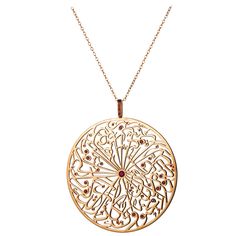 From the Parisa London Collection, this artistically stylised handmade filigree pendant and chain is made with heavy 18 karat gold, set with round cut rubies. A matching earrings, ring and bracelet is available under separate listing. Ruby Colour: Red Cut: Round Diameter: 60 mm Ruby Weight: 0.70 Carat (Total estimated whilst set) Gold Weight: 20.70 grams Date: Circa 2019 About Talisman Calligraphy The message from Parisa latest collection Talisman Calligraphy is based on Van-Yakad Created into modern patterns. Since ancient times Talisman have been worn as jewels to bring harmony, good fortune and protect the wearer. Parisa collection is exquisite and captures the spirit of this energy with every piece, easy to wear and great to be given and gifted to loved ones on any occasion. Elegant Jewelry With Artistic Round Pendant, Traditional Rose Gold Pendant Jewelry, Spiritual Medallion Necklace With Filigree Details, Spiritual Medallion Necklace With Filigree, Spiritual Filigree Medallion Necklace, Spiritual Medallion Filigree Necklace, Elegant Necklace With Artistic Round Pendant, Rose Gold Necklace With Intricate Design For Gift, Rose Gold Necklaces With Intricate Design For Gift