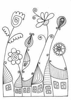 a black and white drawing of houses with flowers