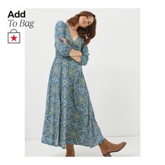 in stock Blue Bohemian Knee-length Dress, Blue Floral Print Midi Dress, Light Blue Bohemian Knee-length Dress, Light Blue Knee-length Bohemian Dress, Chic Light Blue Dress For Fall, Light Blue Long Dress For Spring, Fitted Blue Maxi Dress For Day Out, Blue Floral Print Knee-length Dress, Blue Long Dress For Spring