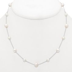 A timeless design, this tin cup necklace features alternating sizes of 6mm and 8mm freshwater pearls set in stations on a 14 karat gold chain. It measures 17 inches long. Wedding Jewelry Silver, Jewelry Mood Board, Pearl Wedding Jewelry, Tin Cup, Diamonds Direct, Pearl Jewelry Design, Beadwork Necklace, Silver Wedding Jewelry, Pearl Jewelry Wedding