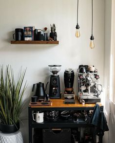 a coffee bar with various types of espresso machines and plants on the counter