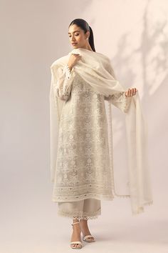 Cotton Chickenkari Suits, Off White Suits Women Pakistani, Semi-stitched Slub Silk Suit For Eid, Chickenkari Suits Designs, White Slub Silk Set For Eid, White Pakistani Suit Party Wear, Chickenkari Suits, White Organza Suit Pakistani, White Semi-stitched Lawn Suit With Cutdana