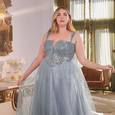 Indulge In The Enchanting Allure Of Our New Formal Sleeveless Plus Size A-Line Tulle Gown, Perfect For Your Next Formal Event. This Exquisite Gown Is Crafted With Delicate Embroidery And Sparkling Sequins, Draping You In An Ethereal Layer Of Tulle That Creates A Dreamy Fairytale-Like Vibe. Designed With Your Curves In Mind, This Gown Is Perfect For Plus-Size Women Who Want To Look And Feel Their Best On Their Special Occasion. Fabric: Tulle Length: Long Color: Smoky Blue Neckline: Plunging V-Nec Sleeveless Ball Gown With Fitted Bodice For Gala, Prom Dress Burgundy, Cinderella Blue, Mini Gown, Champagne Prom Dress, Diva Dress, Smoky Blue, Royal Blue Prom Dresses, Exquisite Gowns