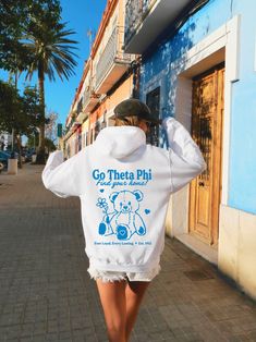 Soft, cute, and trendy, this Theta Phi Alpha Teddy Bear sorority hoodie will quickly become your go-to cozy sweatshirt! Rep your sorority or purchase as a gift to match with your sisters! Use the drop down to specify preference between white, black, sand, sport grey, dark chocolate, light blue, or light pink.  LISTING IS FOR THETA PHI ALPHA. Please be sure you are ordering for your correct Sorority.  We print on high quality, soft, & heavyweight materials, sustainably made and printed in the US. Teddy Bear Sorority, Phi Sigma Sigma, College Sorority, Delta Phi Epsilon, Big Little Gifts, Alpha Xi Delta, Pi Beta Phi, Kappa Alpha Theta, Alpha Sigma Alpha