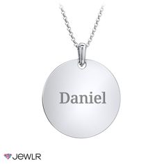 This disk necklace is a classic piece to customize for yourself, or the perfect gift for a friend or loved one. Personalize by engraving a name, significant date, or meaningful message. Create yours in sterling silver, white, or yellow gold with a choice of chain. Engraved White Gold Custom Nameplate Necklace, Classic Personalized Stainless Steel Necklaces, Personalized Stainless Steel White Gold Necklace, Custom Necklace With Round Pendant For Anniversary, Minimalist White Gold Name Necklace For Anniversary, Classic Stainless Steel Jewelry For Personalized Gifts, Classic Personalized Stainless Steel Jewelry, Classic Stainless Steel Personalized Jewelry, Personalized Sterling Silver Medallion Jewelry