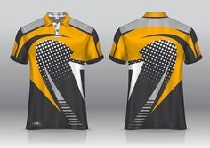 the front and back of a yellow shirt with black, white and grey designs on it