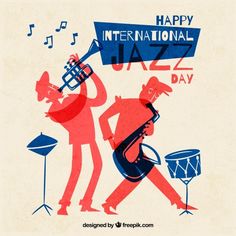 two men playing musical instruments and singing happy international day lettering on the image is blue and red