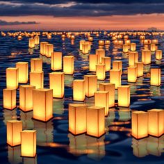 many lanterns floating in the water at night