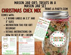 a mason jar filled with christmas cheer mix next to instructions for how to set it up