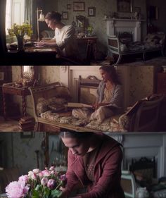 two pictures of people sitting at a table with flowers in front of them and the same person standing next to her