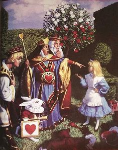 a painting of two children and an older man dressed as king and queen in the garden