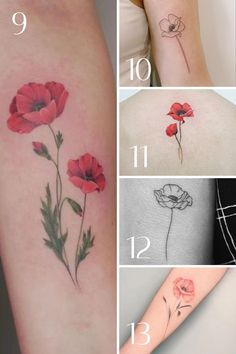 four different tattoos with red flowers on them