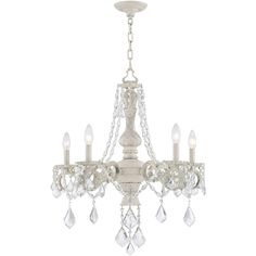 a white chandelier with crystal drops hanging from it's center and four lights on