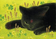 a painting of a black cat laying on the ground with its paw up to it's face