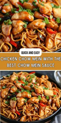 chicken chow mein with the best chow mein sauce is shown in three different pictures and then on