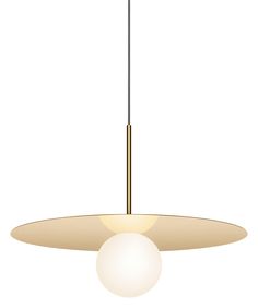 an overhead light fixture with a white ball hanging from the bottom and a gold colored metal rod