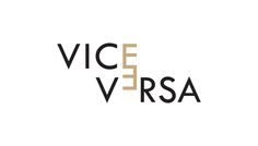 the vice versa logo is shown in black and gold on a white background with an orange stripe