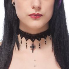 The Immortal gothic lace choker features a natural gemstone Black Onyx celtic cross complimented by shimmering jet Black Swarovski crystal beads. The main pendant is an ornate Celtic cross set with a natural gemstone Black Onyx Cabochon. From the front 6 points of the lace flow strands of shimmering jet black Swarovski crystal beads finished off with a 4mm round Black Onyx natural gemstone. The lace is finished off securely with an extender chain which allows the necklace/choker to be worn at an Gothic Things, Steampunk Choker, Gemstone Choker Necklace, Gothic Choker, Gothic Lace, Lace Choker Necklace, Cross Choker, Gothic Chokers, Face Jewellery