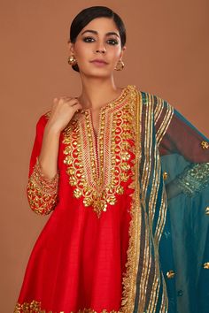 Buy Red Anarkali And Salwar Dupion Embroidered Gota Notched Short Set For Women by Preeti S Kapoor Online at Aza Fashions. Short Anarkali, Gota Embroidery, Red Anarkali, Red Kurta, Organza Dupatta, Embroidered Shorts, Fashion App, Short Set, Wedding Wear