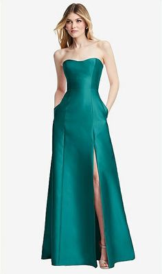 Strapless A-line Satin Bridesmaid Dress With Modern Bow Detail In Jade | The Dessy Group Satin Bridesmaid Dress, High Fashion Looks, Satin Bridesmaid Dresses, Satin Gown, Modern Vibe, Princess Seam, Custom Dresses, Bow Detail, Popular Style