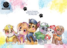 a group of dogs sitting next to each other in front of a watercolor background