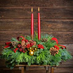 Traditional centerpiece with red balls, pine cones and berries with 2 red velveteen bows and two red taper candles Cranberry Centerpiece, Red Taper Candles, Fresh Christmas Wreath, Fall Thanksgiving Wreaths, Christmas Centerpiece, Thanksgiving Centerpieces, Christmas Favorites, Holiday Centerpieces, Thanksgiving Wreaths