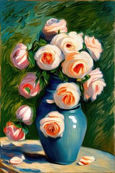 Bouquet of Pink Roses Oil Painting Art Print Bouquet Of Pink Roses, Flower Bouquet Painting, Shadow Painting, Rose Oil Painting, Floral Vase, Blue Vase, Paintings Art Prints, Vintage Art Prints, Art Block