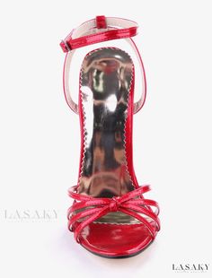 Lasaky - Womens Patent Leather High Heel Sandals - Red Open-Toe Heels with Elegant Knot Detailing Red Open Toe Heels With 4-inch Heel, Chic Red Strap Sandals, Elegant Red Strappy Sandals, Red High Heel Sandals With Heel Loop, Red Closed Toe Sandals For Party, Red High Heel Sandals For Formal Occasions, Chic Red Strap Heels, Red Open Toe Heels For Evening, Red High Heel Sandals For Evening