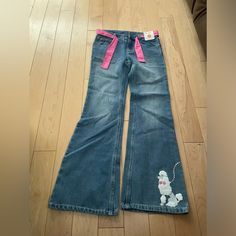 Wide Leg Jeans With A Poodle Design Size 10 Pink Belt Gymboree Scene Jeans, Childish Clothing, Hot Pink Clothes, Bratz Core, Hot Pink Jeans, Y2k Closet, Wattpad Outfits, Jean Designs, Pfp Tiktok