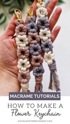 three crochet keychains with text overlay reading how to make a flower keychain