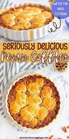 two pies sitting on top of each other with the words seriously delicious pecan coffee