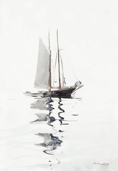 a painting of a sailboat in the water on a foggy, overcast day