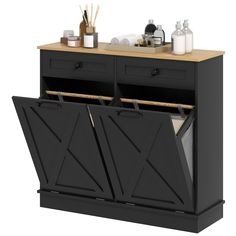 a black cabinet with two doors and drawers