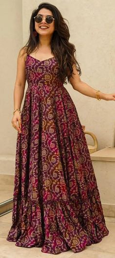 Purple and Violet color Gown in Rayon fabric with Digital Print work Long Gown Dress Long Gown Dress From Saree, Indian Maxi Dress, Indian Maxi, Engagement Reception, Reception Lehenga, Party Wear Gown, Fashion Design Patterns, Violet Color, Design Patterns